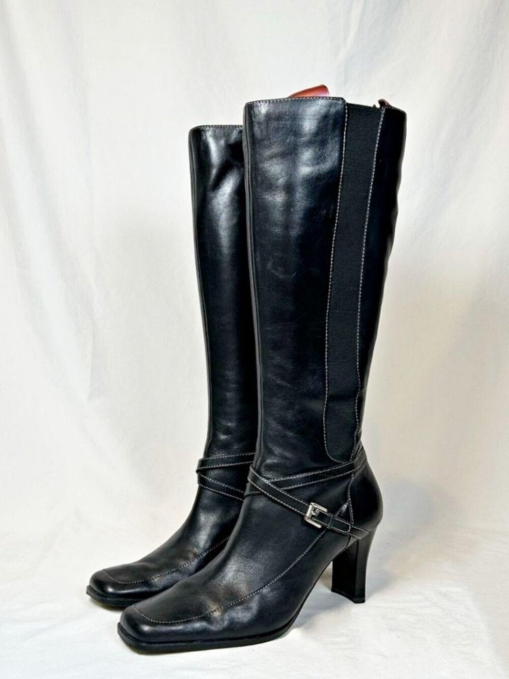 Anne Klein Black Leather Madina Knee High Zip Riding Boots~6~